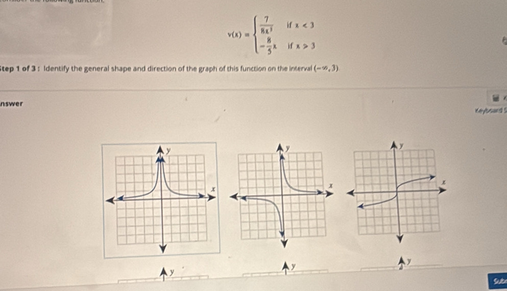 if x<3</tex>
v(x)=beginarrayl  7/8x^3  - 8/5 xendarray. if x>3

Step 1 of 3 : Identify the general shape and direction of the graph of this function on the interval (-∈fty ,3)
nswer 
Keybsand s
y
y
y
Sute