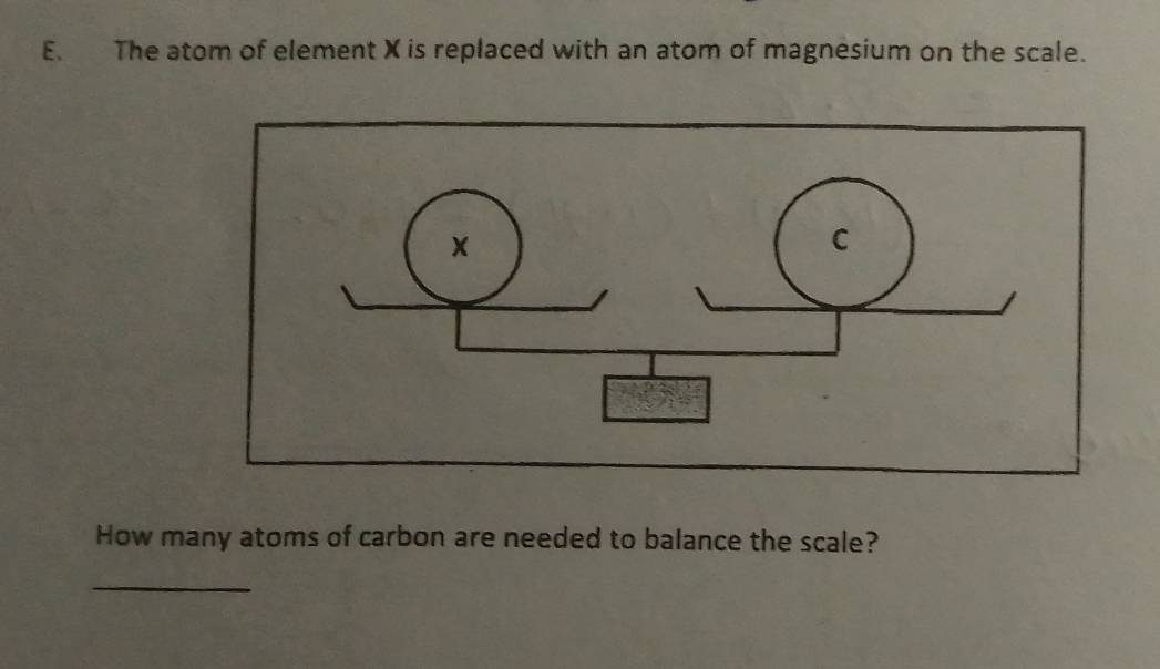 The atom of element X is replaced with an atom of magnesium on the scale. 
How many atoms of carbon are needed to balance the scale? 
_