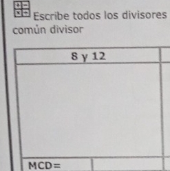 Escribe todos los divisores 
común divisor
MCD=