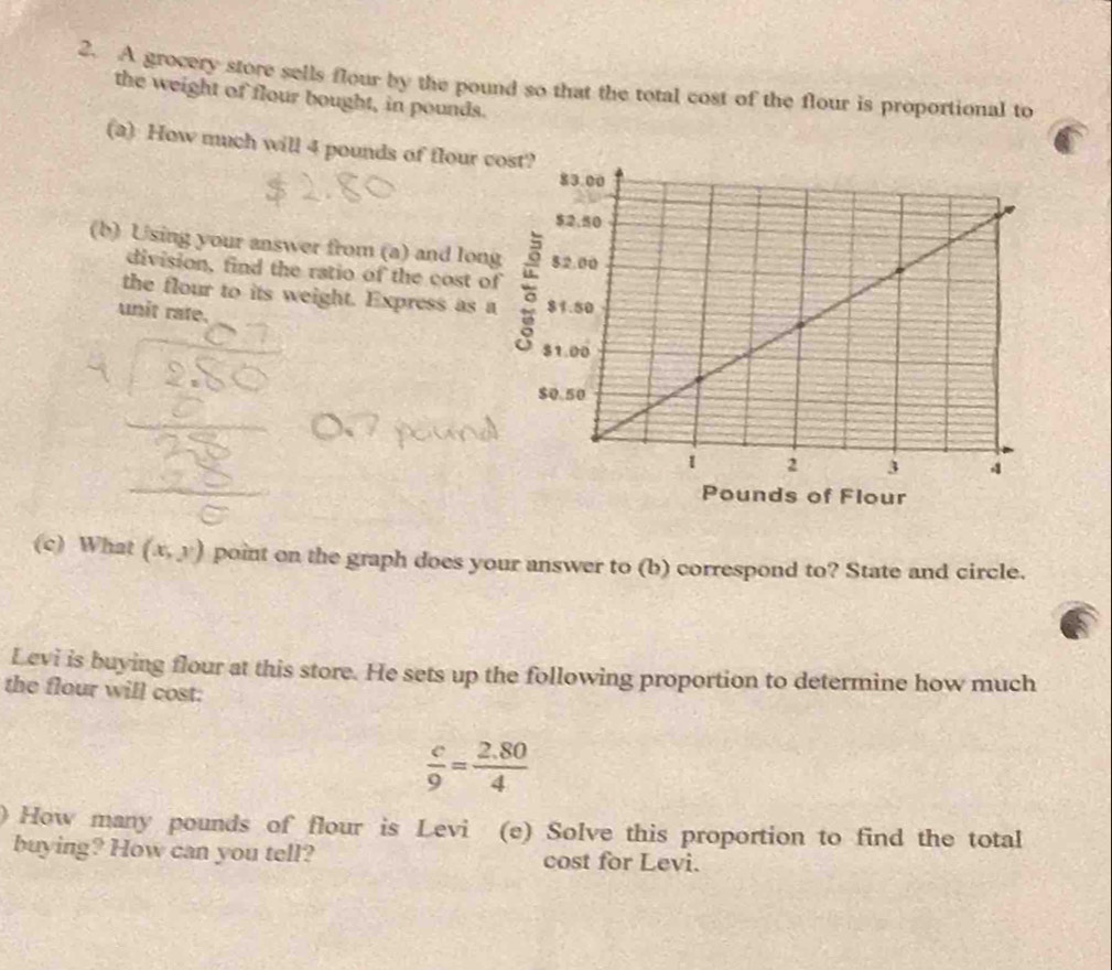 A grocery store sells flour by the pound so that the total cost of the flour is proportional to 
the weight of flour bought, in pounds. 
(a) How much will 4 pounds of flour cos 
(b) Using your answer from (a) and long 
division, find the ratio of the cost of 
the flour to its weight. Express as a 
unit rate.
Pounds of Flour 
(c) What (x,y) point on the graph does your answer to (b) correspond to? State and circle. 
Levi is buying flour at this store. He sets up the following proportion to determine how much 
the flour will cost:
 c/9 = (2.80)/4 
How many pounds of flour is Levi (e) Solve this proportion to find the total 
buying? How can you tell? cost for Levi.