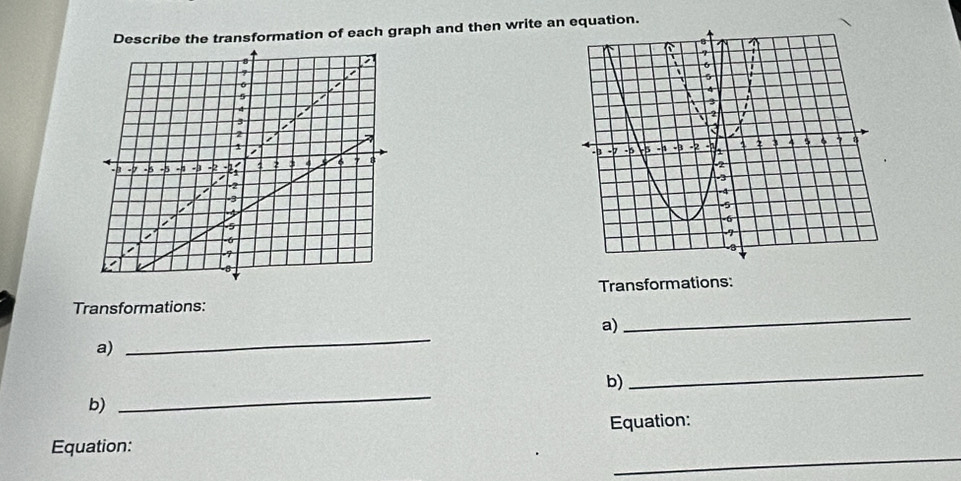 Describe the transformation of each graph and then write anquation. 

Transformations: 
_ 
Transformations: 
a) 
a) 
_ 
_ 
b) 
_ 
b) 
Equation: 
_ 
Equation: