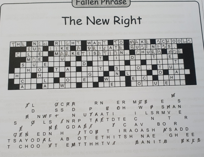 Fallen Phrase 
The New Right 
M 
L g C r R R N E R M g $ E S 
D s s D P O H WN P s H A N 
R N W F t N U T A A T I 1 L S R M V E 
s L S INRP TA ÉTD TE C N T R 
E N É G D A $ N r c A V B 0 R 
g e n E D N H ∥ T O β T I R A O A S H S A D D 
T SA Y O D A L A B O T E TH Ι T S H ₹ N A E G H E E 
T CHOO Τ Ε М Τ ΤHΗ Τ V イ B A N I T ,B $ k μ s