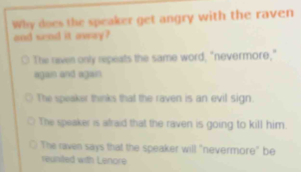 Solved: Why does the speaker get angry with the raven and send it away ...