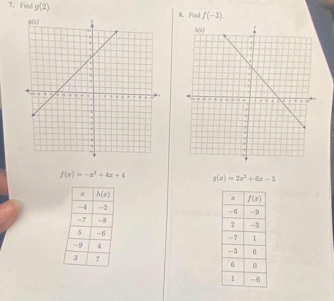 Find g(2).
8. Find f(-3).

f(x)=-x^2+4x+4
g(x)=2x^2+6x-5