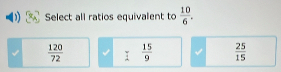 Select all ratios equivalent to  10/6 .
 120/72 
I  15/9 
 25/15 