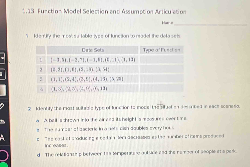 Solved: 1.13 Function Model Selection and Assumption Articulation Name ...