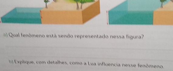 Qual fenômeno está sendo representado nessa figura? 
_ 
_ 
6) Explique, com detalhes, como a Lua influencia nesse fenômeno.