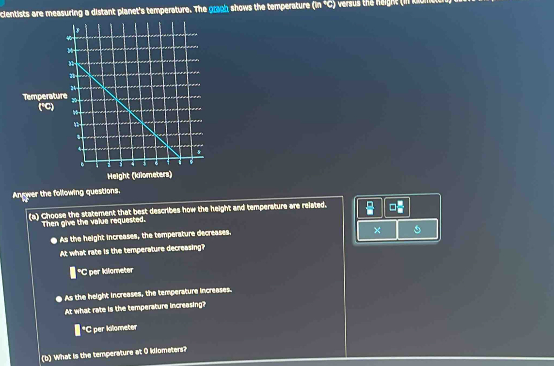 cientists are measuring a distant planet's temperature. The graph shows the temperature (in °C) versus the height (in knome 
Anwer the following questions.
(a) Choose the statement that best describes how the height and temperature are related.
Then give the value requested.
● As the height increases, the temperature decreases.
× 5
At what rate is the temperature decreasing?
°C per kilometer
As the height increases, the temperature increases.
At what rate is the temperature increasing?
°C per kilometer
(b) What is the temperature at O kilometers?