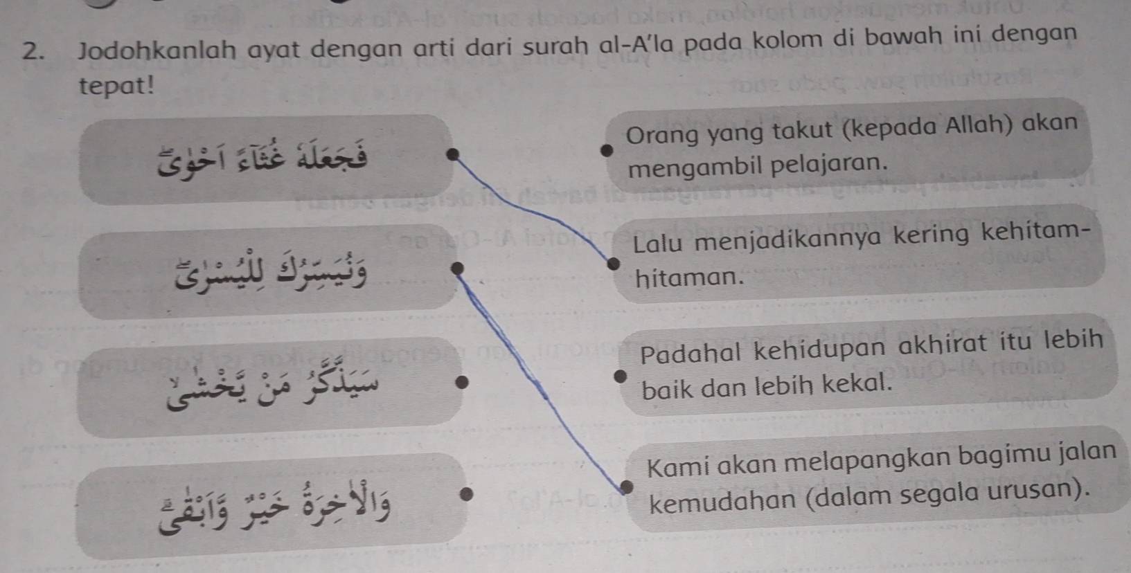 Jodohkanlah ayat dengan arti dari surah al-A'la pada kolom di bawah ini dengan 
tepat! 
Orang yang takut (kepada Allah) akan 
s í 
mengambil pelajaran. 
Lalu menjadikannya kering kehítam- 
hitaman. 
Padahal kehidupan akhirat itu lebih 
baik dan lebiḥ kekal. 
Kami akan melapangkan bagimu jalan 
y 
kemudahan (dalam segala urusan).