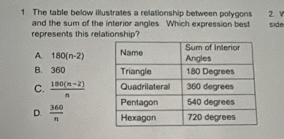 The table below illustrates a relationship between polygons 2 V
and the sum of the interior angles. Which expression best side
represents this relationship?
A. 180(n-2)
B. 360
C.  (180(n-2))/n 
D.  360/n 