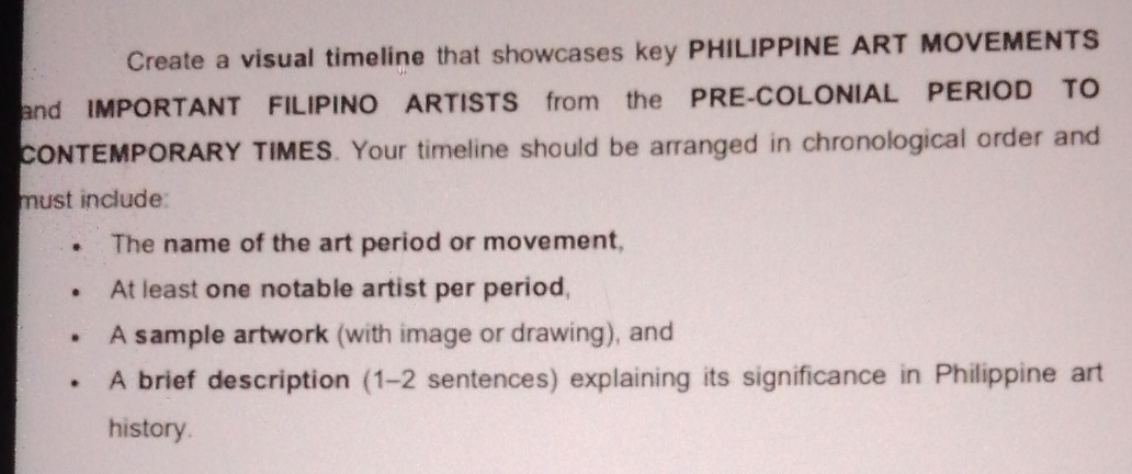 Solved: Create a visual timeline that showcases key PHILIPPINE ART ...
