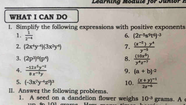 Learning Module for Junior F 
WHAT I CAN DO 
I. Simplify the following expressions with positive exponents 
1.  1/2^(-4)  6. (2r^(-5)s^9t^6)^-3
2. (2x^4y^(-4))(3x^2y^4) 7.  ((x^(-2))y^4)/y^(-5) 
3. (2p^3)^0(p^4) 8.  (10x^5)/y^4z^(-7) 
4.  (-12x^5y^(-2))/8x^(-3)y 
9. (a+b)^-2
5. (-3x^7y^(-4)z^0)^3 10. frac (x+y)^-12z^(-6)
II. Answer the following problems. 
1. A seed on a dandelion flower weighs 10^(-3)gra ms. A