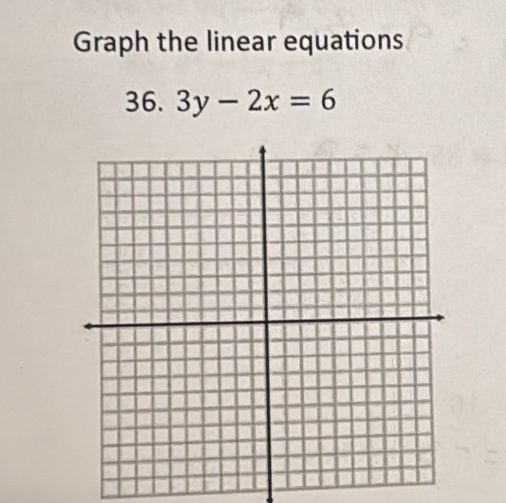 Graph the linear equations 
36. 3y-2x=6