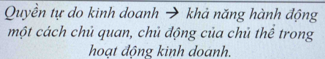 Quyền tự do kinh doanh → khả năng hành động 
một cách chủ quan, chủ động của chủ thể trong 
hoạt động kinh doanh.