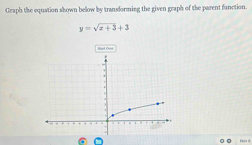 Graph the equation shown below by transforming the given graph of the parent function.
y=sqrt(x+3)+3
Start Over 
Nov 6