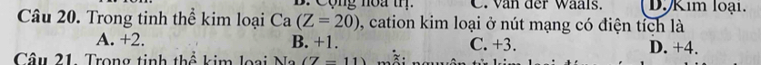 Cộng noa tr. C. van der Waals. D. Kim loại.
Câu 20. Trong tinh thể kim loại Ca(Z=20) , cation kim loại ở nút mạng có điện tích là
A. +2. B. +1. C. +3. D. +4.
Câu 21. Trong tinh thể kim loại Na (7-11)