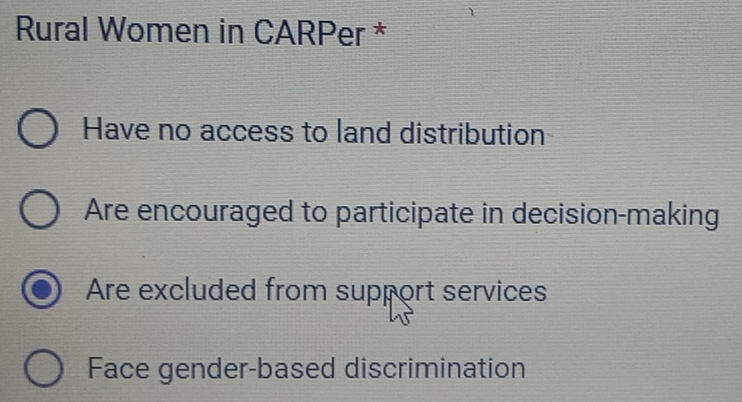 Rural Women in CARPer *
Have no access to land distribution
Are encouraged to participate in decision-making
Are excluded from support services
Face gender-based discrimination