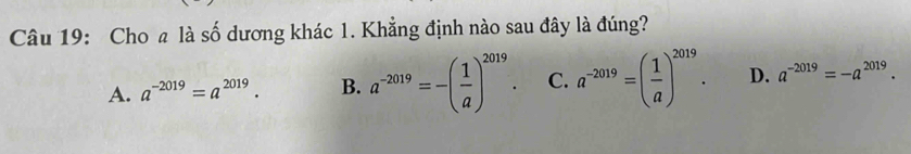 Cho a là số dương khác 1. Khẳng định nào sau đây là đúng?
A. a^(-2019)=a^(2019). B. a^(-2019)=-( 1/a )^2019. C. a^(-2019)=( 1/a )^2019. D. a^(-2019)=-a^(2019).