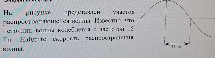 Ha рисунке представлен yчactok 
распространяюоπейся волны. Известно, что 
источник волны колеблется с частотой 15
Τц. Найдите скорость распространения 
BOJIHbI.