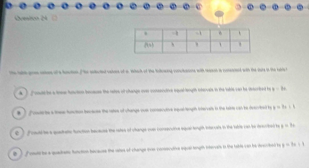 the table gies vaiues of a function f for solected values of s. Which of the following conclusions with reason is consistent with the data in the table
A ) f ould be a linear function because the rates of change over consecutive equal length intervals in the table can be described by y=bx
f owte be a thear function because the rates of change over consecutive equal length intervals in the table can be described by y=3x
C ) f oould be a quadhelic function because the rates of change over consecutive equal length intervals in the table can be described by y=3+
)  foult be a quadrainc function because the rates of change over consecutive equal length intervals in the table can be described by y=3x+1