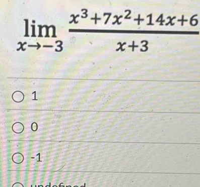 limlimits _xto -3 (x^3+7x^2+14x+6)/x+3 
1
0
-1