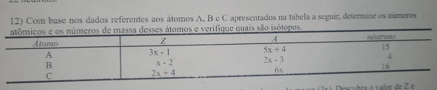 Com base nos dados referentes aos átomos A, B c C apresentados na tabela a seguir, determine os números
) Descubra o valor de Z