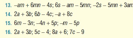 -am+6mn-4s; 6s-am-5mn; -2s-5mn+3an
14. 2a+3b; 6b-4c; -a+8c
15. 6m-3n; -4n+5p; -m-5p
16. 2a+3b; 5c-4; 8a+6; 7c-9