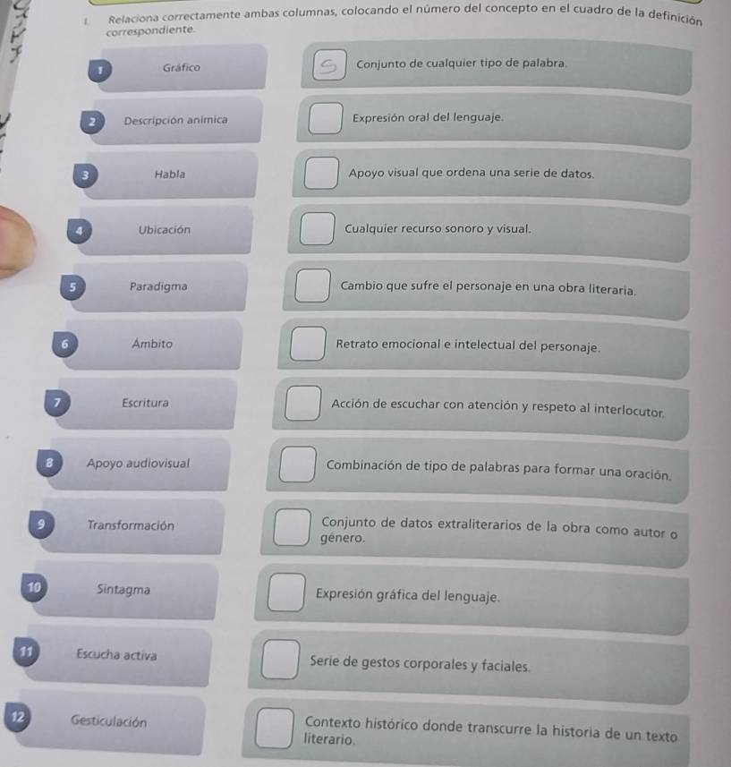 Relaciona correctamente ambas columnas, colocando el número del concepto en el cuadro de la definición 
correspondiente. 
1 Gráfico Conjunto de cualquier tipo de palabra. 
2 Descripción anímica Expresión oral del lenguaje. 
3 Habla Apoyo visual que ordena una serie de datos. 
4 Ubicación Cualquier recurso sonoro y visual. 
5 Paradigma Cambio que sufre el personaje en una obra literaria. 
6 Ambito Retrato emocional e intelectual del personaje. 
7 Escritura Acción de escuchar con atención y respeto al interlocutor 
8 Apoyo audiovisual Combinación de tipo de palabras para formar una oración. 
9 Transformación 
Conjunto de datos extraliterarios de la obra como autor o 
género. 
10 Sintagma Expresión gráfica del lenguaje. 
11 Escucha activa Serie de gestos corporales y faciales. 
12 Gesticulación 
Contexto histórico donde transcurre la historia de un texto 
literario.