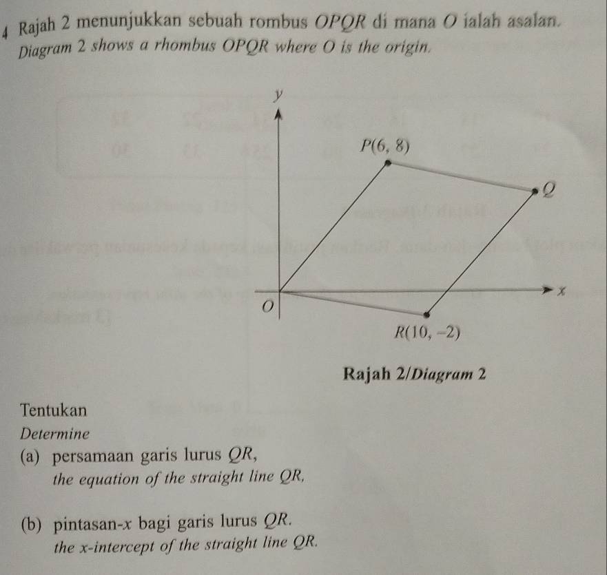 Rajah 2 menunjukkan sebuah rombus OPQR di mana O ialah asalan.
Diagram 2 shows a rhombus OPQR where O is the origin.
Tentukan
Determine
(a) persamaan garis lurus QR,
the equation of the straight line QR,
(b) pintasan-x bagi garis lurus QR.
the x-intercept of the straight line QR.