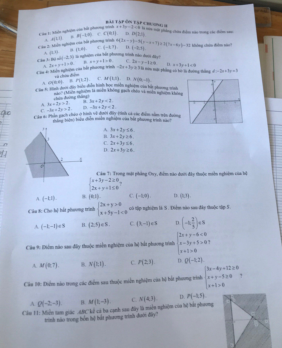 bài tập Ôn Tập chương II
Câu 1: Miền nghiệm của bất phương trình x+3y-2<0</tex> là nữa mặt phãng chứa điểm nào trong các điểm sau:
A. A(1;1) B. B(-1;0) 、 C. C(0;1) D. D(2;1).
Câu 2: Miền nghiệm của bất phương trình 6(2x-y)-5(y-x+7)≥ 2(7x-6y)-32 không chứa điểm nào?
A. (1;3). B. (1;0). C. (-1;7). D. (-2;5).
Câu 3: Bộ số (-2;3) là nghiệm của bắt phương trình nảo dưới đây?
D.
A. 2x+y+1>0. B. x+y+1>0. C. 2x-y-1≥ 0. x+3y+1<0</tex>
Câu 4: Miền nghiệm của bất phương trình -2x+3y≥ 31 là nữa mặt phẳng có bờ là đường thắng d:-2x+3y=3
và chứa điểm
A. O(0;0). B. P(1;2) C. M(1;1) D. N(0;-1).
Câu 5: Hình dưới đây biểu diễn hình học miền nghiệm của bất phương trình
(nào? (Miền nghiệm là miền không gạch chéo và miền nghiệm không
chứa đường thắng)
A. 3x+2y>2. B. 3x+2y<2.
C. -3x+2y>2. D. -3x+2y<2.
Cầu 6: Phần gạch chéo ở hình vẽ dưới đây (tính cả các điểm nằm trên đường
thăng biên) biểu diễn miền nghiệm của bất phương trình nào?
A. 3x+2y≤ 6.
B. 3x+2y≥ 6.
C. 2x+3y≤ 6.
D. 2x+3y≥ 6.
Câu 7: Trong mặt phẳng Oxy, điểm nào dưới đây thuộc miền nghiệm của hệ
beginarrayl x+3y-2≥ 0 2x+y+1≤ 0endarray. ?
C.
A. (-1;1). B. (0;1). (-1;0). D. (1;3).
Câu 8: Cho hhat ? bất phương trình beginarrayl 2x+y>0 x+5y-1<0endarray. có tập nghiệm là S . Điềm nào sau đây thuộc tập S.
A. (-1;-1)∈ S B. (2;5)∈ S. C. (3;-1)∈ S D. (-1; 2/5 )∈ S
Câu 9: Điểm nào sau đây thuộc miền nghiệm của hệ bất phương trình beginarrayl 2x+y-6<0 x-3y+5>0 x+1>0endarray. )
A. M(0;7). B. N(1;1). C. P(2;3). D. Q(-1;2).
Câu 10: Điểm nào trong các điểm sau thuộc miền nghiệm của hệ bất phương trình beginarrayl 3x-4y+12≥ 0 x+y-5≥ 0 x+1>0endarray. ?
A. Q(-2;-3). B. M(1;-3). C. N(4;3). D. P(-1;5).
Câu 11: Miền tam giác ABC kể cả ba cạnh sau đây là miền nghiệm của hệ bất phương
trình nào trong bốn hệ bất phương trình dưới đây?