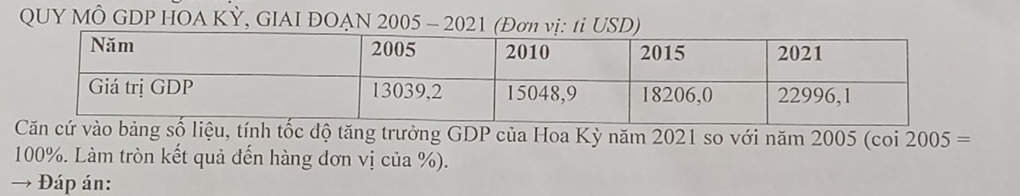 QUY MÔ GDP HOA KỲ, GIAI ĐOẠN 2005 - 2021 (Đơn vị: tỉ USD) 
liệu, tính tốc độ tăng trưởng GDP của Hoa Kỳ năm 2021 so với năm 2005 (coi 2005=
100%. Làm tròn kết quả đến hàng dơn vị của %). 
→ Đáp án: