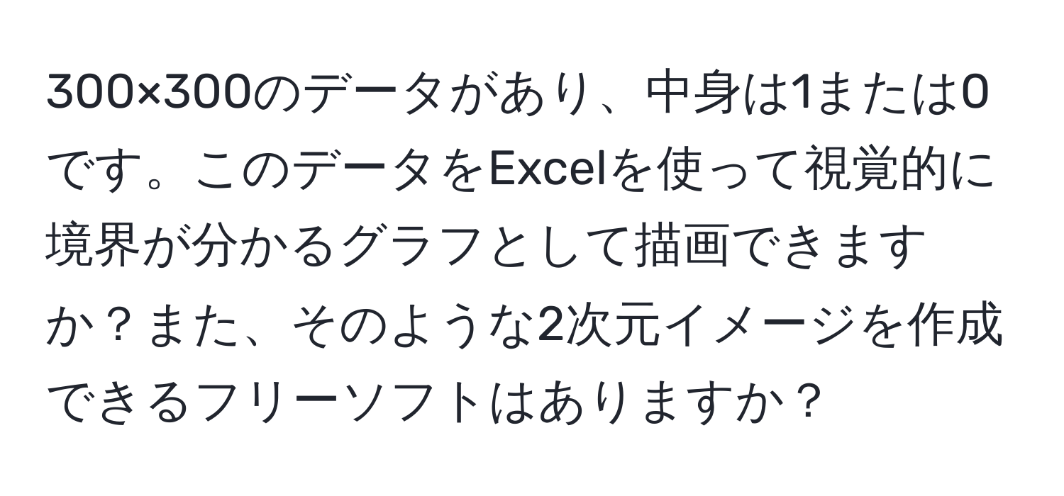 300×300のデータがあり、中身は1または0です。このデータをExcelを使って視覚的に境界が分かるグラフとして描画できますか？また、そのような2次元イメージを作成できるフリーソフトはありますか？