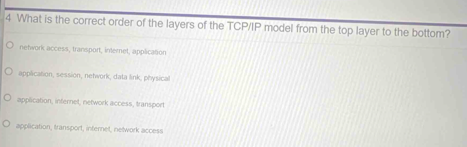 Solved: What is the correct order of the layers of the TCP/IP model ...