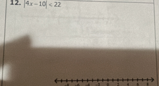 |4x-10|<22</tex>
- 6 -4 -2 0 2 4 6 8