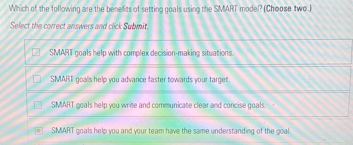Solved: Which of the following are the benefits of setting goals using ...