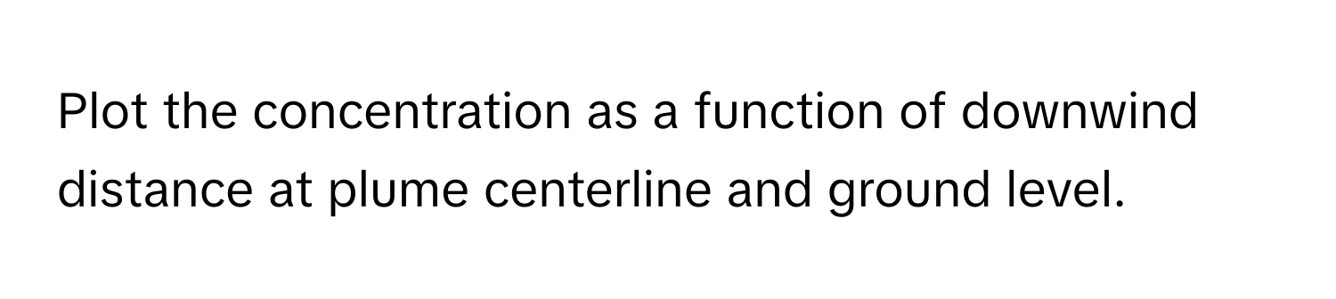 Plot the concentration as a function of downwind distance at plume centerline and ground level.