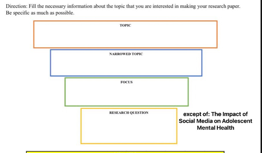 Direction: Fill the necessary information about the topic that you are interested in making your research paper. 
Be specific as much as possible. 
TOPIC 
NARROWED TOPIC 
FOCUS 
RESEARCH QUESTION except of: The Impact of 
Social Media on Adolescent 
Mental Health