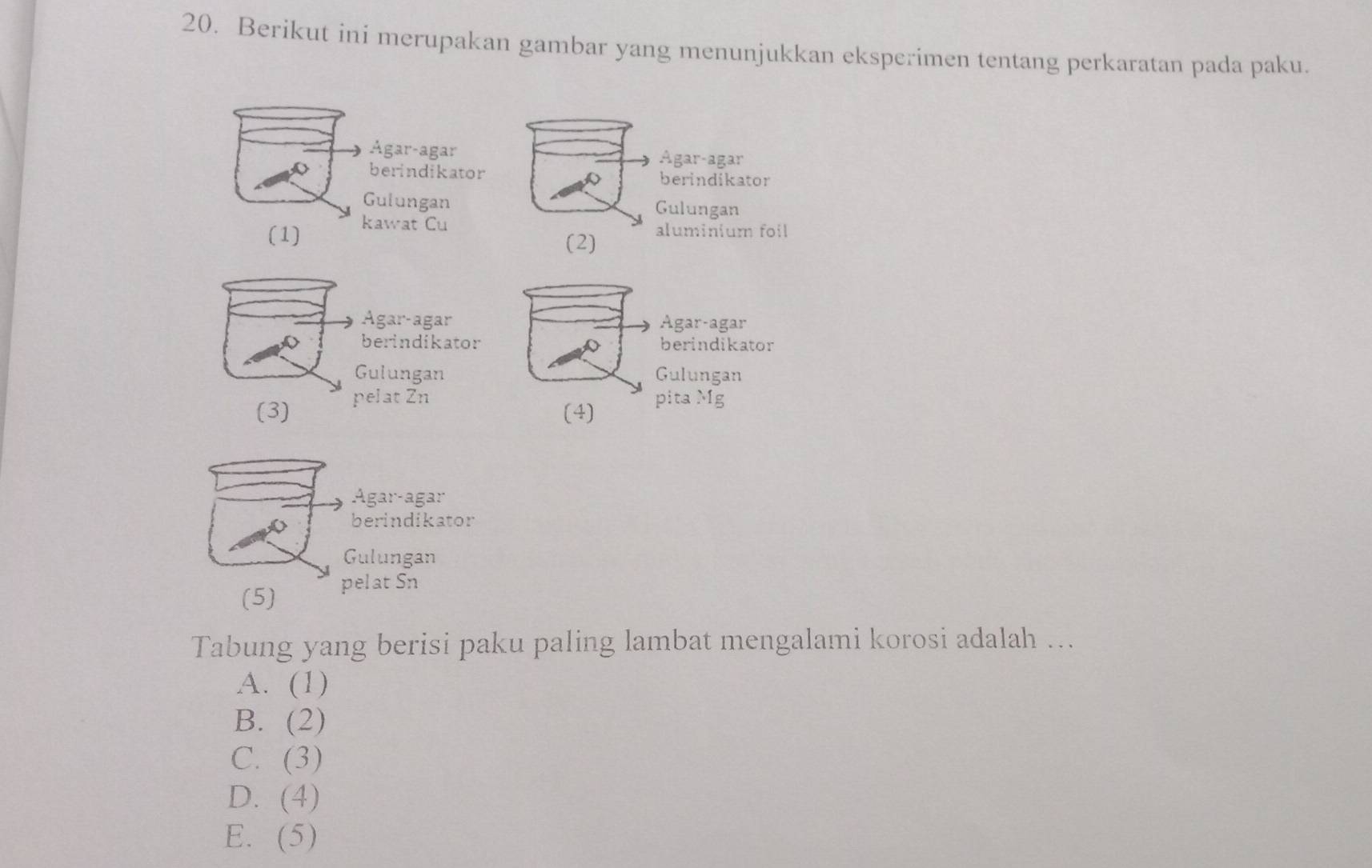 Berikut ini merupakan gambar yang menunjukkan eksperimen tentang perkaratan pada paku.
Agar-agar Agar-agar
berindikator berindikator
D
Gulungan Gulungan
(1) kawat Cu
(2) aluminium foil
Agar-agar Agar-agar
berindikator D berindikator
Gulungan Gulungan
(3) pelat Zn pita Mg
(4)
Agar-agar
berindikator
Gulungan
(5) pelat Sn
Tabung yang berisi paku paling lambat mengalami korosi adalah ….
A. . (1)
B. (2)
C. (3)
D. (4)
E. (5)