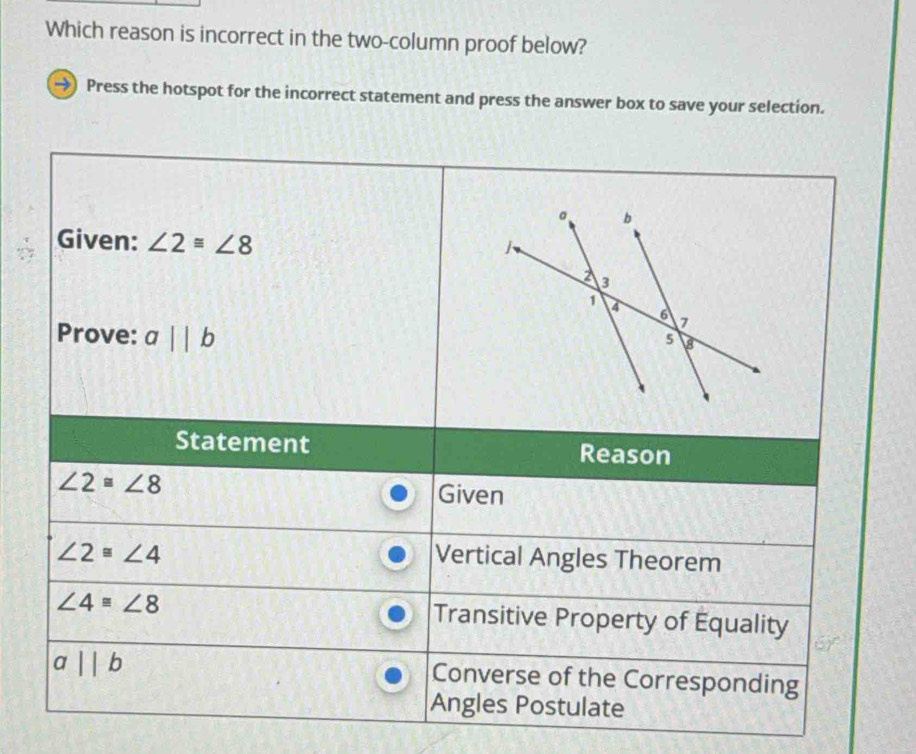 Which reason is incorrect in the two-column proof below? 
Press the hotspot for the incorrect statement and press the answer box to save your selection. 
Given: ∠ 2≌ ∠ 8
Prove: a||b
Statement Reason
∠ 2≌ ∠ 8 Given
∠ 2≌ ∠ 4 Vertical Angles Theorem
∠ 4≌ ∠ 8 Transitive Property of Equality
aparallel b
Converse of the Corresponding 
Angles Postulate