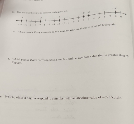 Which points, if anx correspond to a number with an abso 
b. Which points, if any correspond to a number with an absolute value that is greater than 3? 
ExpIain. 
c. Which points, if any correspond to a number with an absolute value of —7? Explain.