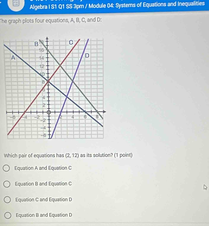 Algebra I S1 Q1 SS 3pm / Module 04: Systems of Equations and Inequalities
The graph plots four equations, A, B, C, and D:
Which pair of equations has (2,12) as its solution? (1 point)
Equation A and Equation C
Equation B and Equation C
Equation C and Equation D
Equation B and Equation D