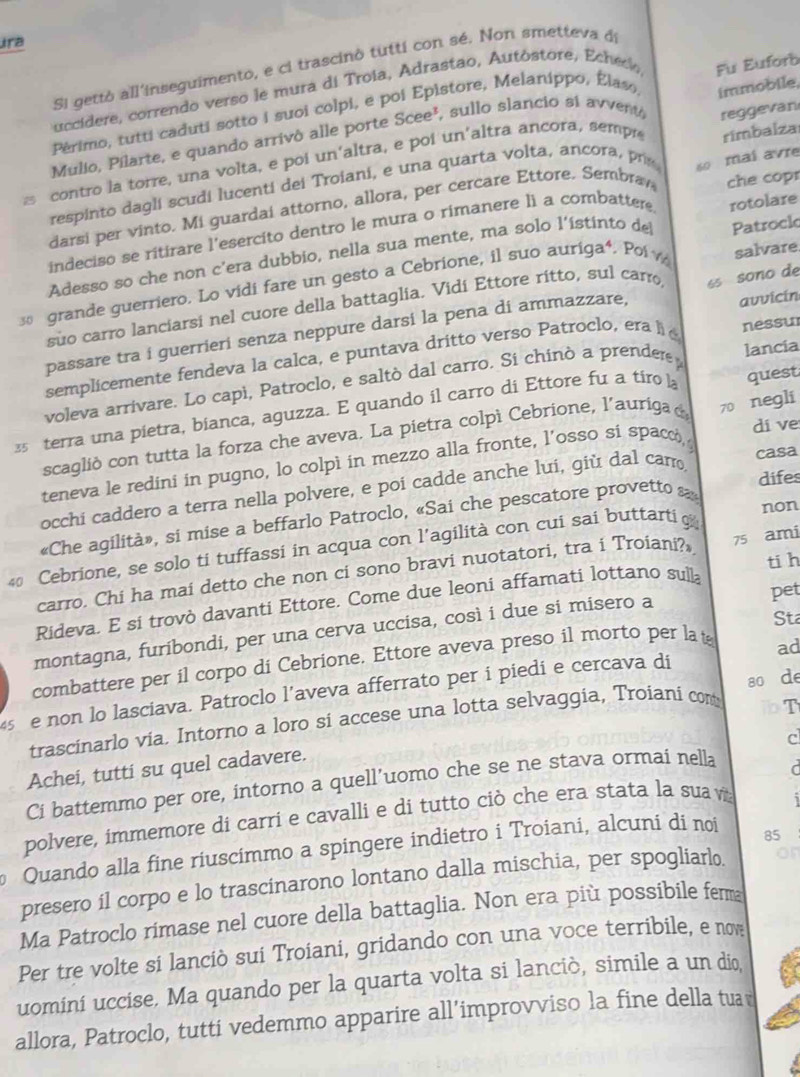 ura
Si gettò all'inseguimento, e ci trascinò tutti con sé. Non smetteva de
Eistore, Melanippo, Élase, immobile.
uccidere, correndo verso le mura di Troia, Adrastao, Autóstore, Eched Fu Euforb
Périmo, tutti caduti sotto i suoi colpi, e p
Mulio, Pilarte, e quando arrivô alle porte Scee^3 sullo slancio si avventó reggevan
contro la torre, una volta, e poi un'altra, e poi un'altra ancora, sempr rimbalza
respinto dagli scudi lucenti dei Troiani, e una quarta volta, ancora, pris
60
darsi per vinto. Mi guardai attorno, allora, per cercare Ettore. Sembra mai avre
indeciso se ritirare l'esercito dentro le mura o rimanere lì a combattere che copr
Adesso so che non c'era dubbio, nella sua mente, ma solo l'ístinto del rotolare
salvare
3 grande guerriero. Lo vidi fare un gesto a Cebrione, il suo aurig a Polv Patroclo
auvicín
suo carro lanciarsi nel cuore della battaglia. Vidi Ettore ritto, sul carro, 6 sono de
passare tra i guerrieri senza neppure darsi la pena di ammazzare,
semplicemente fendeva la calca, e puntava dritto verso Patroclo, era l nessur
voleva arrivare. Lo capì, Patroclo, e saltò dal carro. Si chinò a prendere lancia
terra una pietra, bianca, aguzza. E quando il carro di Ettore fu a tiro la quest
dí ve
scaglió con tutta la forza che aveva. La pietra colpì Cebrione, l'auriga
teneva le redini in pugno, lo colpì in mezzo alla fronte, l’osso sí spaccó, 70 negli
difes
occhi caddero a terra nella polvere, e poi cadde anche lui, giù dal car casa
«Che agilità», si mise a beffarlo Patroclo, «Sai che pescatore provetto s
40 Cebrione, se solo ti tuffassi in acqua con l'agilità con cui sai buttarti
non
carro. Chi ha mai detto che non ci sono bravi nuotatori, tra i Troiani? 75 ami
pet
Rideva. E si trovò davanti Ettore. Come due leoni affamati lottano sull ti h
Sta
montagna, furibondi, per una cerva uccisa, così i due si misero a
combattere per il corpo di Cebrione. Ettore aveva preso il morto per la 
s e non lo lasciava. Patroclo l’aveva afferrato per i piedi e cercava di ad
trascinarlo via. Intorno a loro si accese una lotta selvaggia, Troiani con ao de
c
Achei, tutti su quel cadavere. T
Ci battemmo per ore, intorno a quell’uomo che se ne stava ormai nella
r
polvere, immemore di carri e cavalli e di tutto ciò che era stata la sua v
Quando alla fine riuscimmo a spingere indietro i Troiani, alcuni di noi
85
presero il corpo e lo trascinarono lontano dalla mischia, per spogliarl. or
Ma Patroclo rimase nel cuore della battaglia. Non era più possibile fera
Per tre volte si lanciò sui Troiani, gridando con una voce terribile, e nov
uominí uccise. Ma quando per la quarta volta si lanciò, simile a un dio
allora, Patroclo, tutti vedemmo apparire all’improvviso la fine della tuar