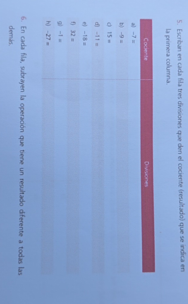 Escriban en cada fila tres divisiones que den el cociente (resultado) que se indica en
la primera columna.
6. En cada fila, subrayen la operación que tiene un resultado diferente a todas las
demás.
