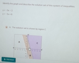 Identify the graph and describe the solution set of this systern of inequalities.
y
y>-3x+8
A. The solution set is shown by region C.
←PREV