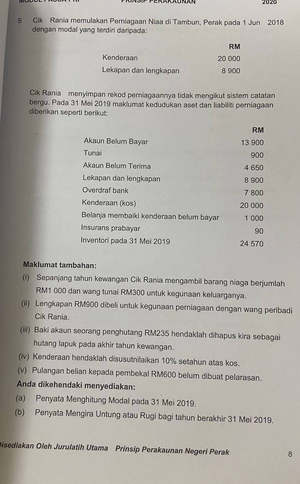 2020 
5 Cik Rania memulakan Perniagaan Niaa di Tambun, Perak pada 1 Jun 2018 
dengan modal yang terdiri daripada:
RM
Kenderaan 20 000
Lekapan dan lengkapan 8 900
Cik Rania menyimpan rekod perniagaannya tidak mengikut sistem catatan 
bergu. Pada 31 Mei 2019 maklumat kedudukan aset dan liabiliti perniagaan 
diberikan seperti berikut:
RM
Akaun Belum Bayar 13 900
Tunai
900
Akaun Belum Terima 4 650
Lekapan dan lengkapan 8 900
Overdraf bank 7 800
Kenderaan (kos) 20 000
Belanja membaiki kenderaan belum bayar 1 000
Insurans prabayar
90
Inventori pada 31 Mei 2019 24 570
Maklumat tambahan: 
(i) Sepanjang tahun kewangan Cik Rania mengambil barang niaga berjumlah
RM1 000 dan wang tunai RM300 untuk kegunaan keluarganya. 
(ii) Lengkapan RM900 dibeli untuk kegunaan perniagaan dengan wang peribadi 
Cik Rania. 
(iii) Baki akaun seorang penghutang RM235 hendaklah dihapus kira sebagai 
hutang lapuk pada akhir tahun kewangan. 
(iv) Kenderaan hendaklah disusutnilaikan 10% setahun atas kos. 
(v) Pulangan belian kepada pembekal RM600 belum dibuat pelarasan. 
Anda dikehendaki menyediakan: 
(a) Penyata Menghitung Modal pada 31 Mei 2019. 
(b) Penyata Mengira Untung atau Rugi bagi tahun berakhir 31 Mei 2019. 
Disediakan Oleh Jurulatih Utama Prinsip Perakaunan Negeri Perak
8