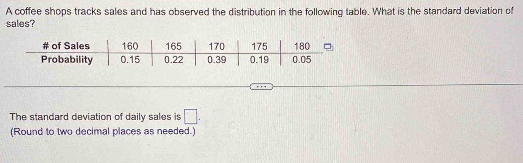 A coffee shops tracks sales and has observed the distribution in the following table. What is the standard deviation of 
sales? 
The standard deviation of daily sales is □. 
(Round to two decimal places as needed.)