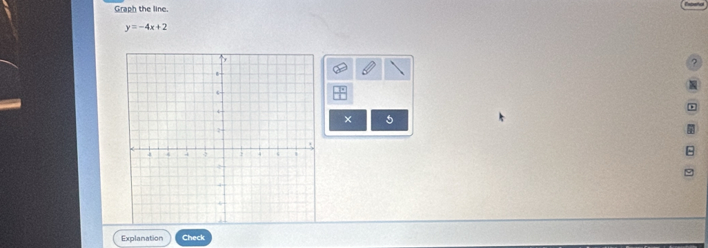 Graph the line.
y=-4x+2
?
X
× 5
Explanation Check