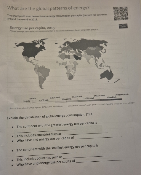 What are the global patterns of energy? 
The choropleth map below shows energy consumption per capita (person) for countries 
around the world in 2015. 
Energy use per capita, 2015
Annual average per capita energy consumption is measured in kilowatt-hours per person per year.
1,000 kWh
No dats 
Sounce: International Energy Agency (IEA) via The World Bank OurWorldinDsta.org/energy-peoduction and-changing-emorgy-sources/ • CCBY 
Explain the distribution of global energy consumption. (TEA) 
_ 
The continent with the greatest energy use per capita is 
_ 
_ 
This includes countries such as 
Who have and energy use per capita of 
_ 
The continent with the smallest energy use per capita is 
This includes countries such as_ 
_ 
Who have and energy use per capita of