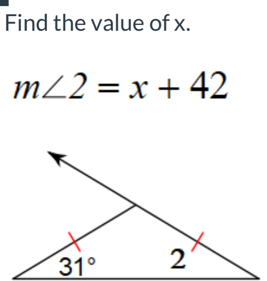 Find the value of x.
m∠ 2=x+42