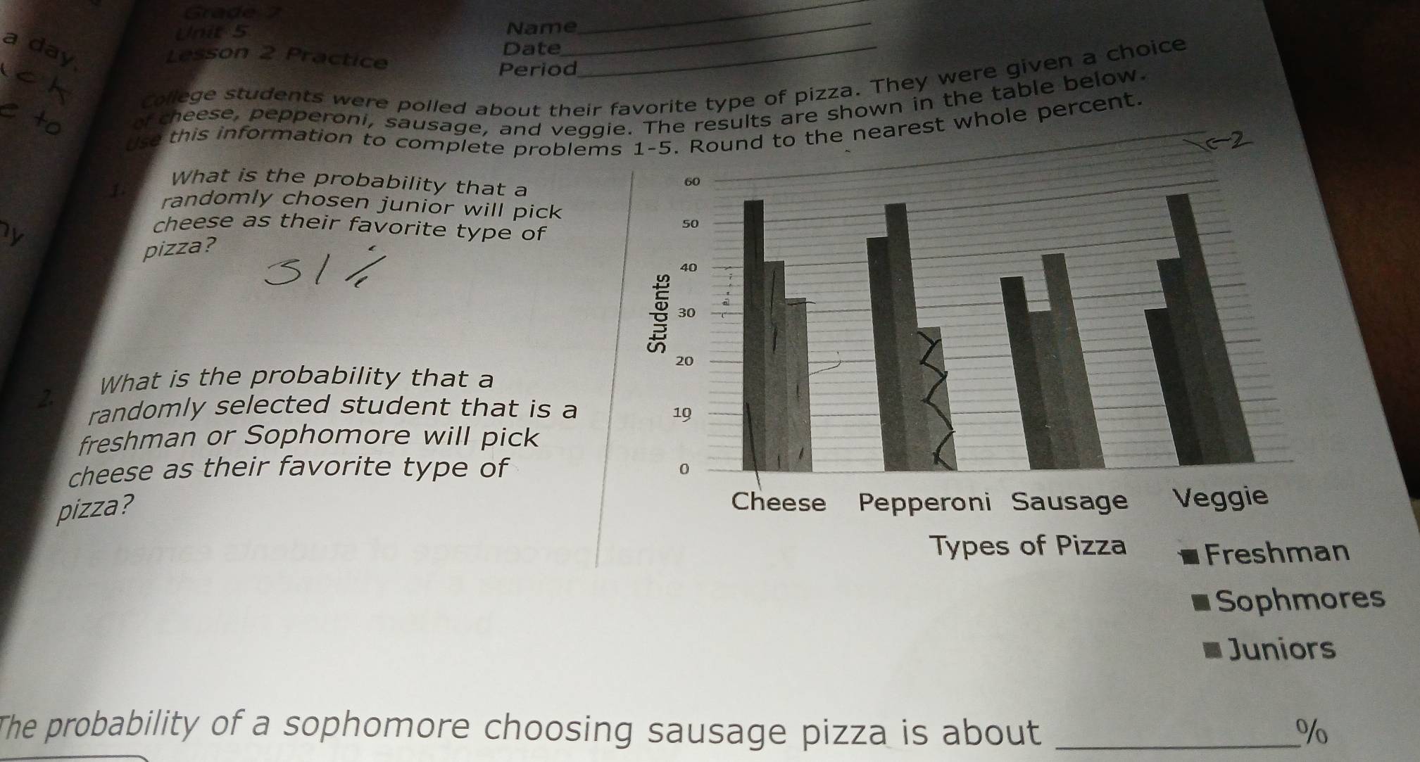 Grade 2 
Unit 5 Name 
_ 
a day 
Lesson 2 Practice Date 
_ 
Period 
College students were polled about their favorite type of pizza. They were given a choice 
of cheese, pepperoni, sausage, and veggie. The results are shown in the table below. 
Use this information to complete problemearest whole percent. 
What is the probability that a 
1. randomly chosen junior will pick 
1y 
cheese as their favorite type of 
pizza? 
What is the probability that a 
2. 
randomly selected student that is a 
freshman or Sophomore will pick 
cheese as their favorite type of 
pizza? 
n 
Sophmores 
Juniors 
The probability of a sophomore choosing sausage pizza is about _ %